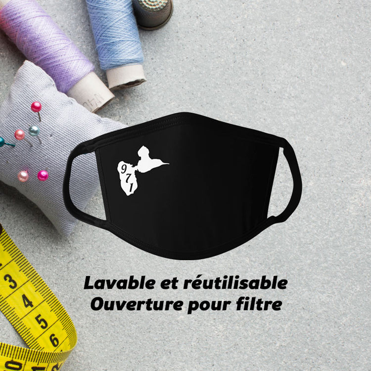 Masque En Tissu Guadeloupe 971 - Coton lavable avec poche pour filtre Noir