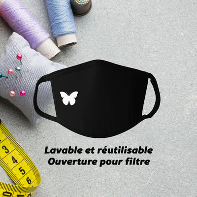 Masque En Tissu Papillon - Coton lavable avec poche pour filtre Noir