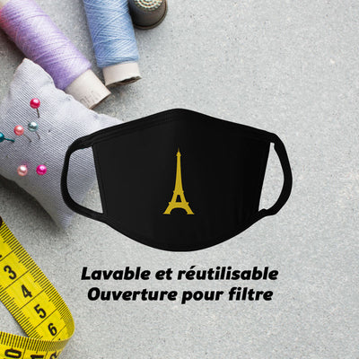 Masque En Tissu Tour Eiffel - Coton lavable avec poche pour filtre Noir